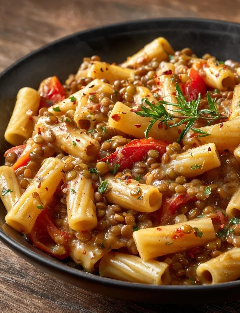 Bowl of delicious pasta with lentils topped with fresh herbs.
