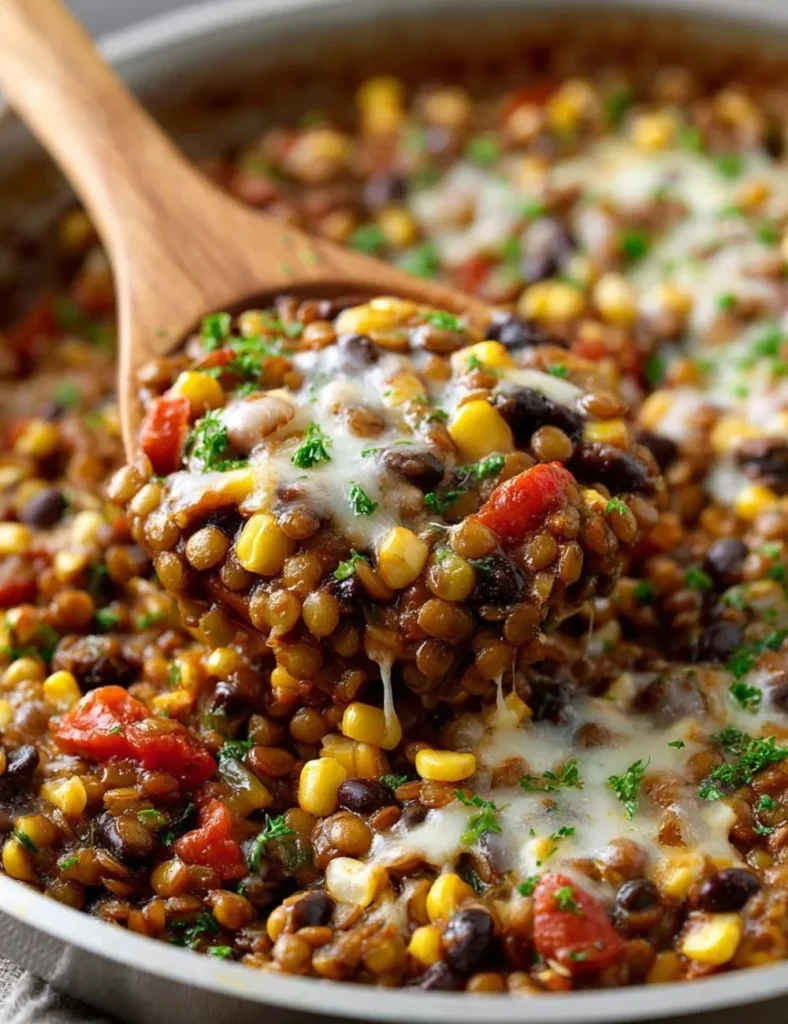 Bowl of delicious vegetarian Mexican lentils with spices and vegetables