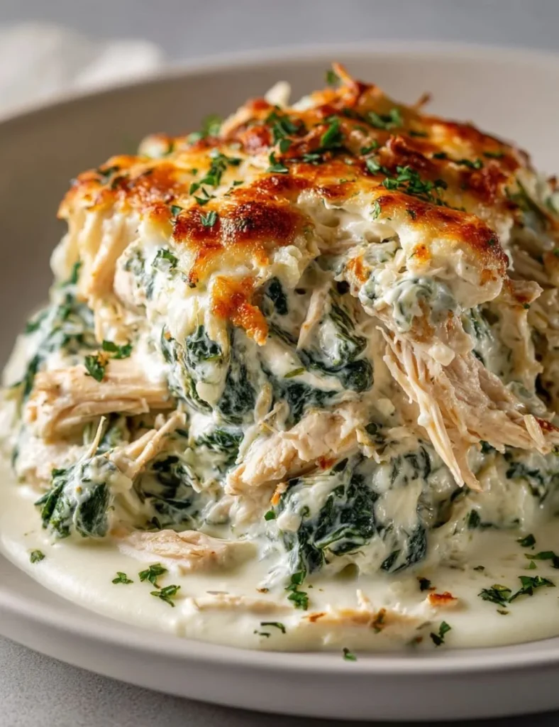 Creamy chicken spinach casserole topped with cream cheese in a baking dish