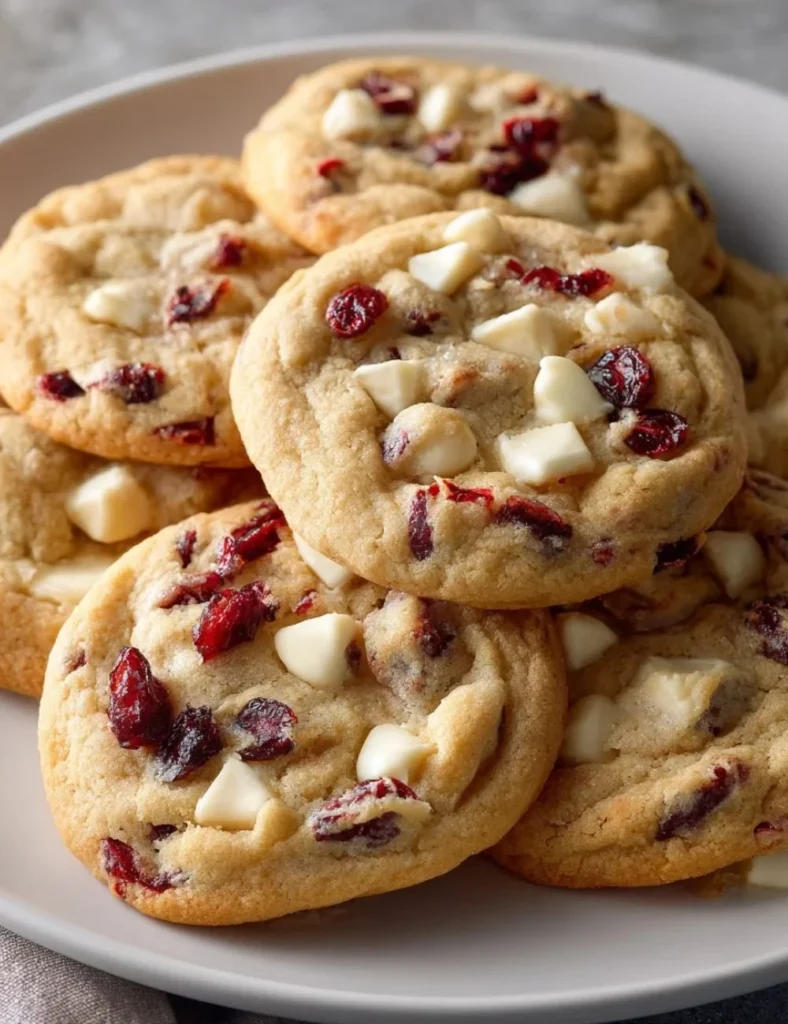 Delicious white chocolate cranberry cookies on a baking sheet