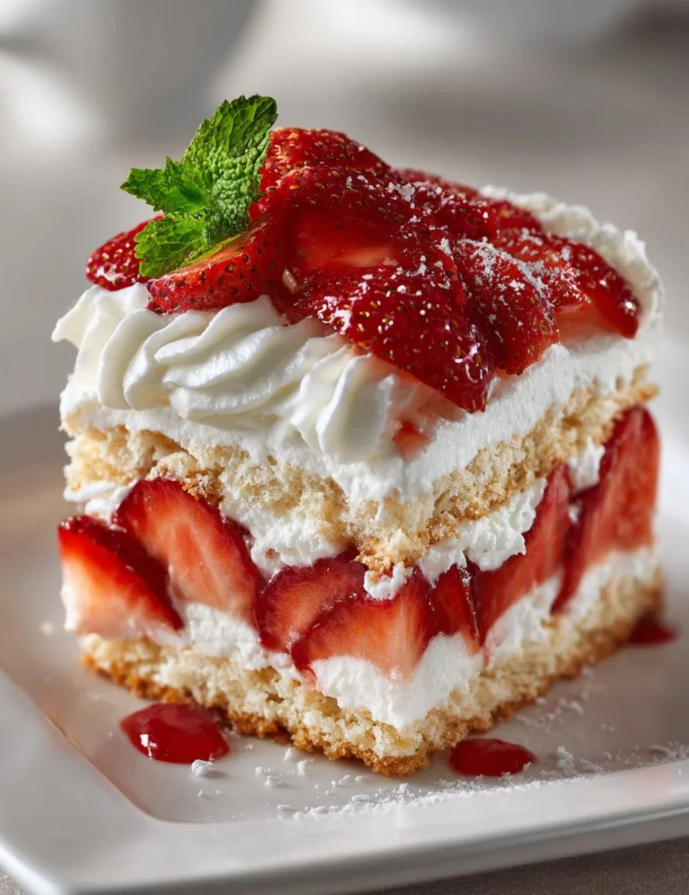 Fluffy homemade strawberry shortcake topped with fresh strawberries and whipped cream.