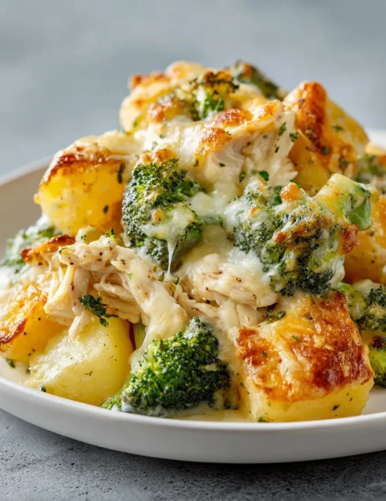 Delicious baked potato casserole with chicken and broccoli topped with cheese