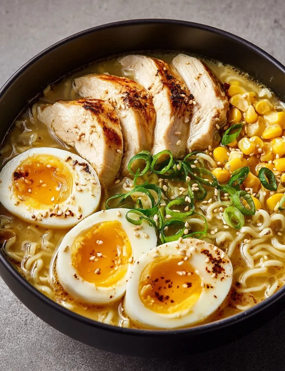 Bowl of easy homemade chicken ramen garnished with green onions and eggs