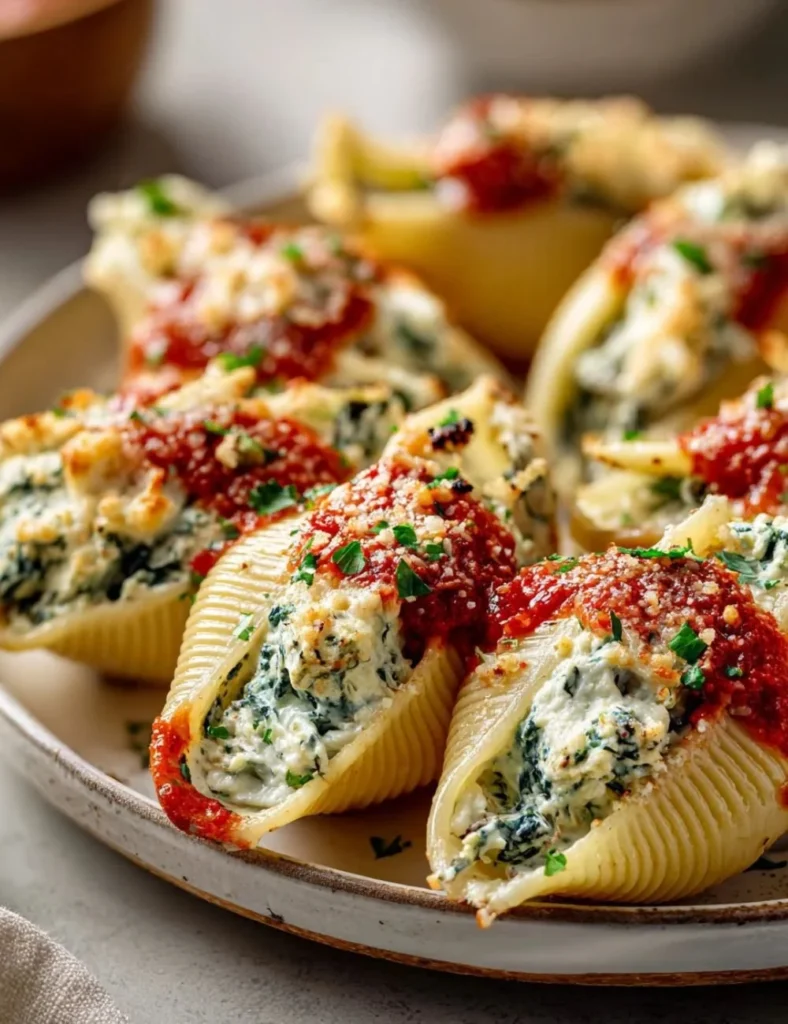 Delicious Easy Christmas Stuffed Shells garnished for a festive holiday meal