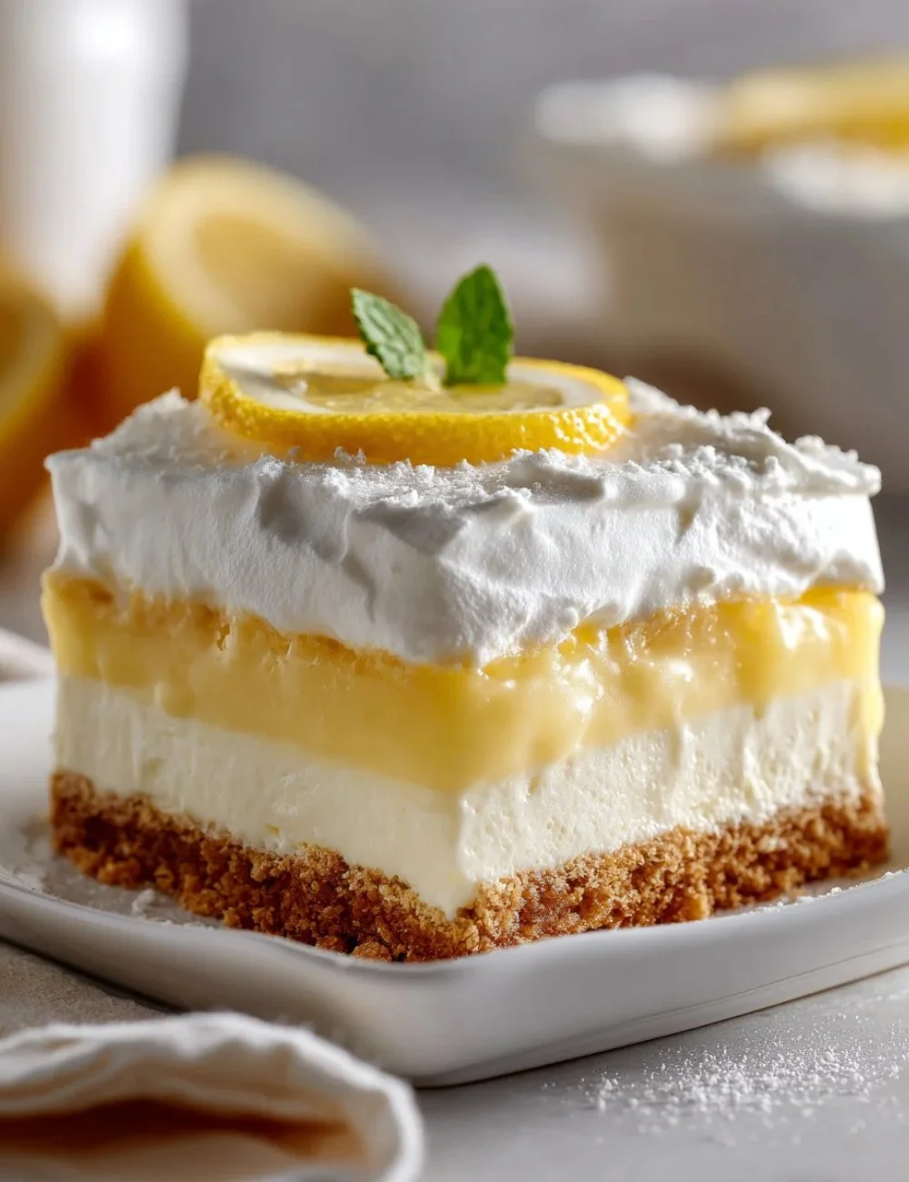 Delicious Easy Lemon Lush dessert served on a plate.