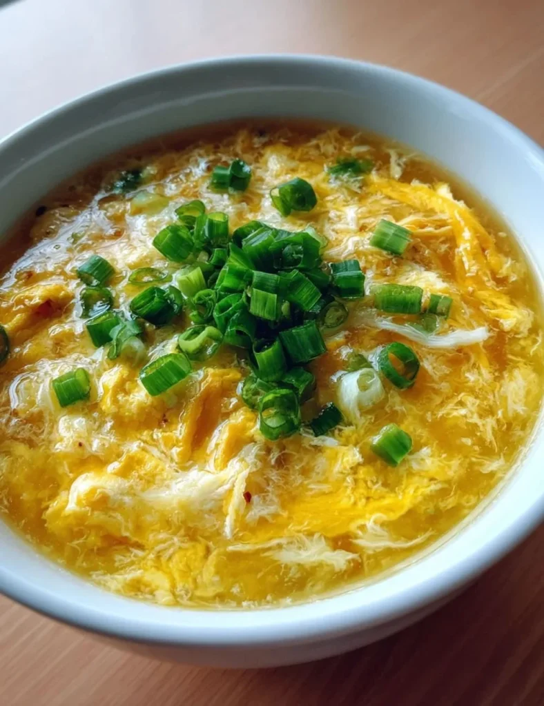 Bowl of steaming Egg Drop Soup with egg and green onions