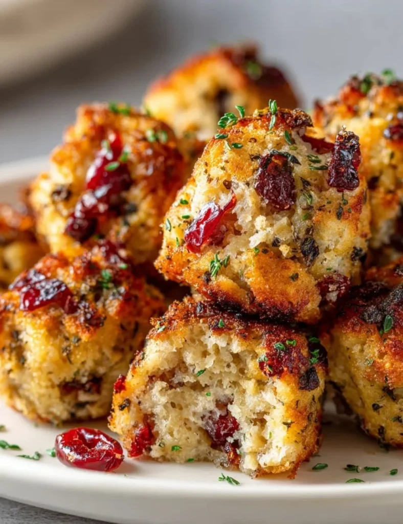 Festive cranberry turkey stuffing balls on a plate