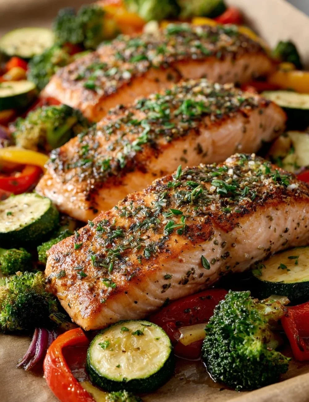 Flaky salmon fillet served with colorful roasted vegetables on a plate