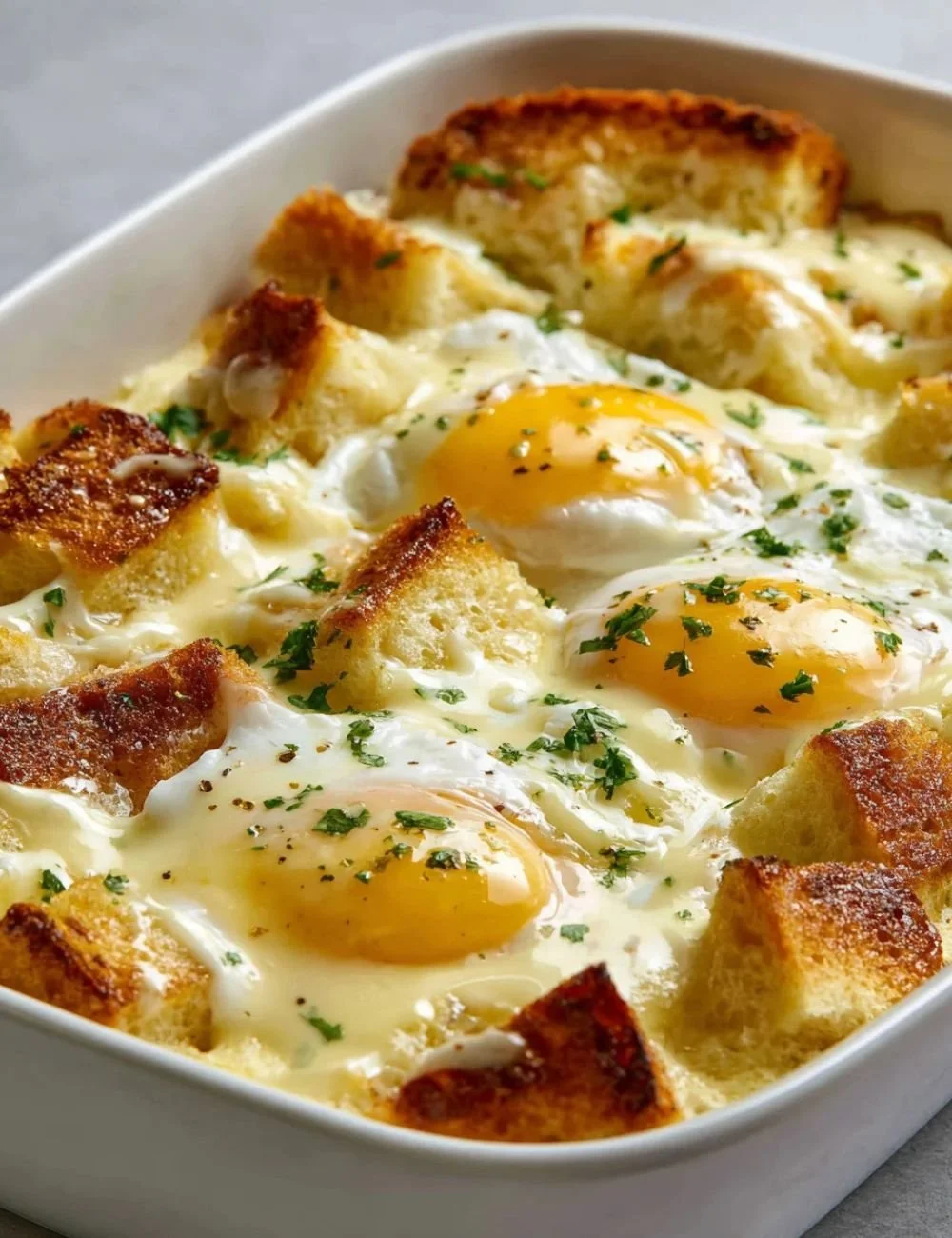Delicious beef eggs benedict casserole topped with creamy sauce