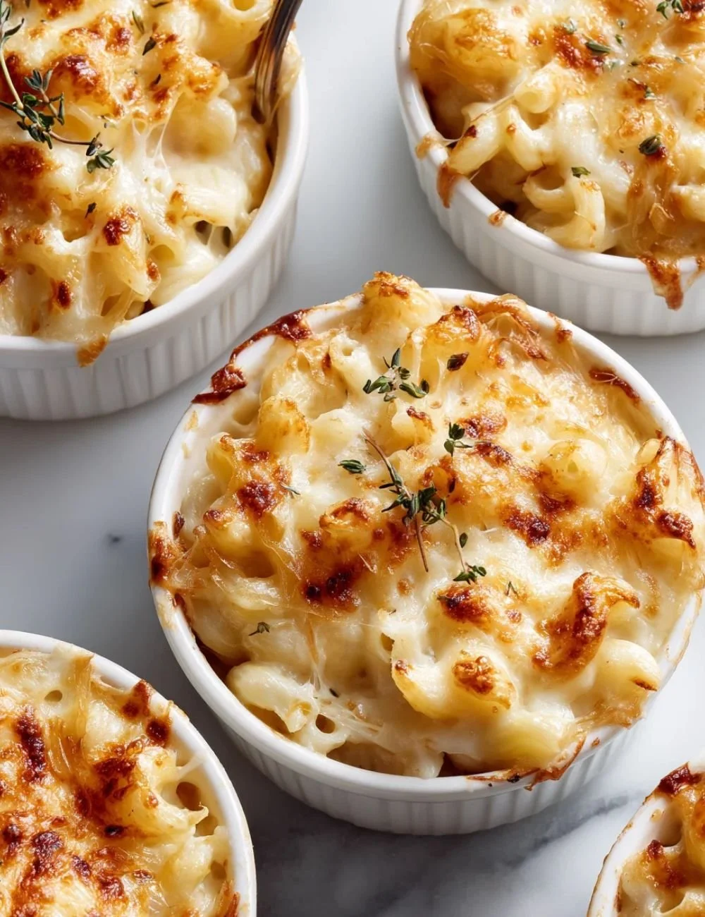 Delicious serving of French Onion Mac and Cheese topped with crispy onions