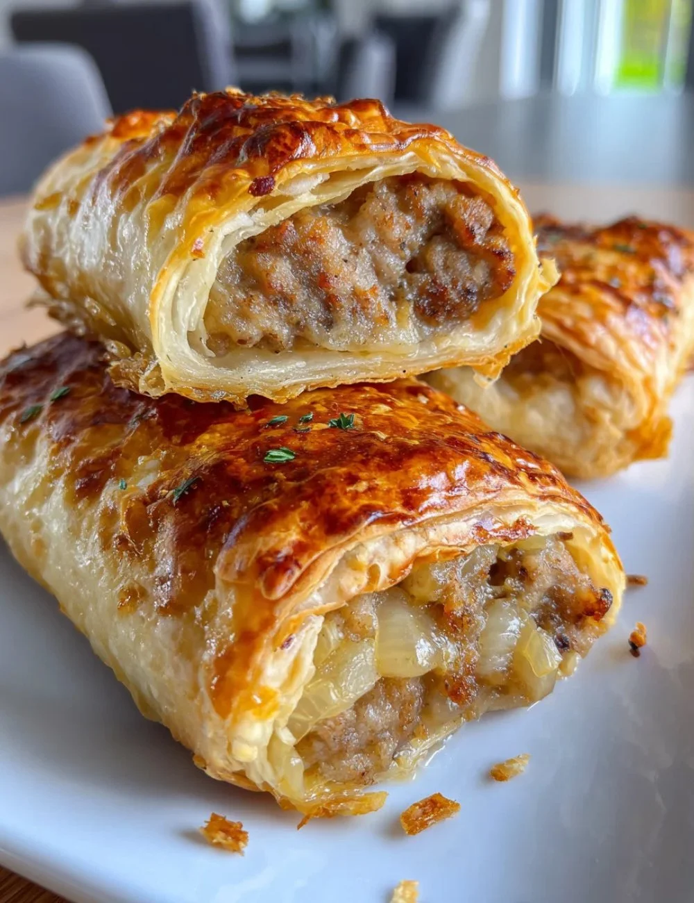 Delicious French onion sausage rolls served on a platter.