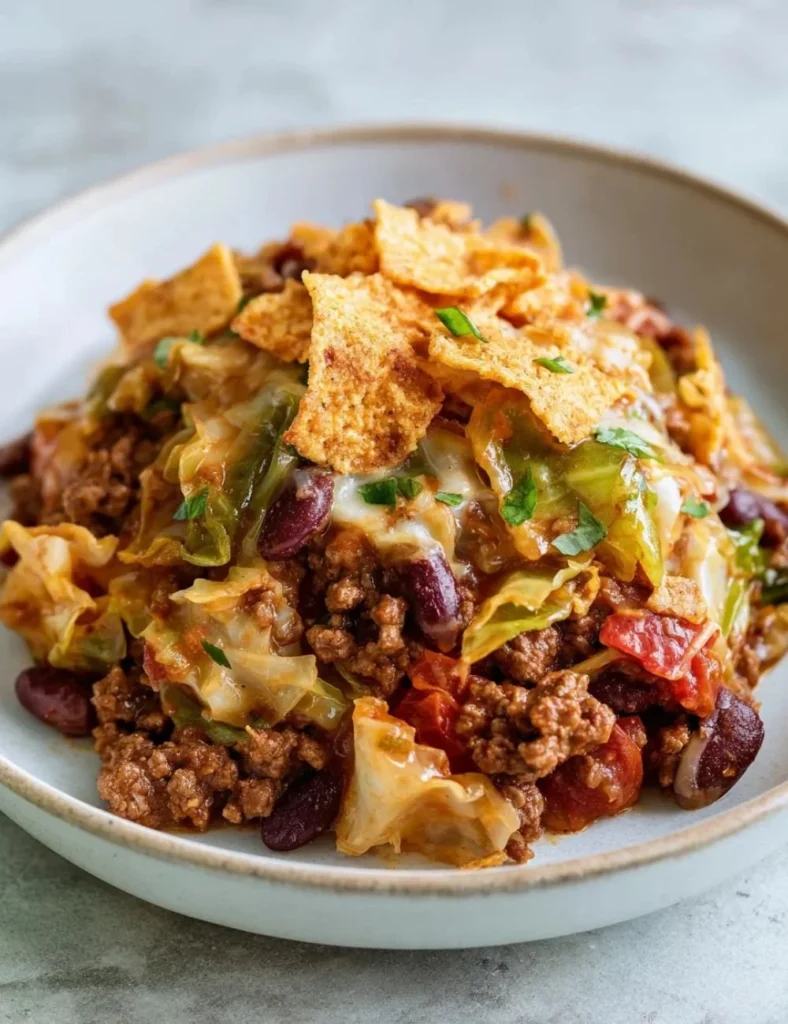 Serving of Frito Cowboy Cabbage topped with crispy Fritos