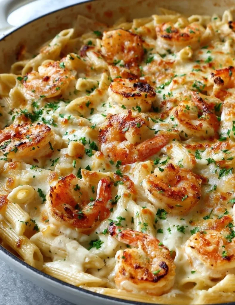 Garlicky Shrimp Alfredo Bake topped with Parmesan and herbs