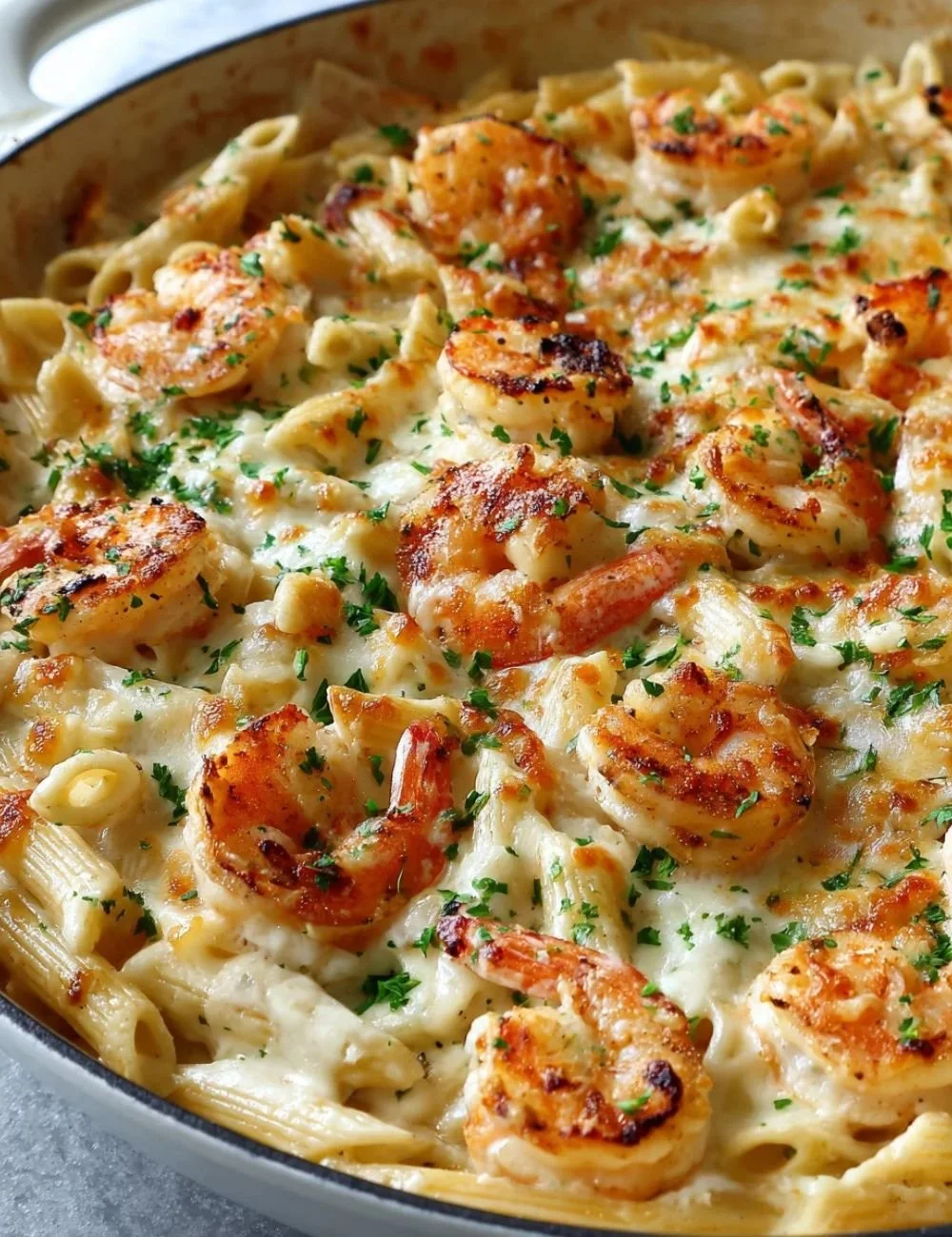 Garlicky Shrimp Alfredo Bake topped with Parmesan and herbs