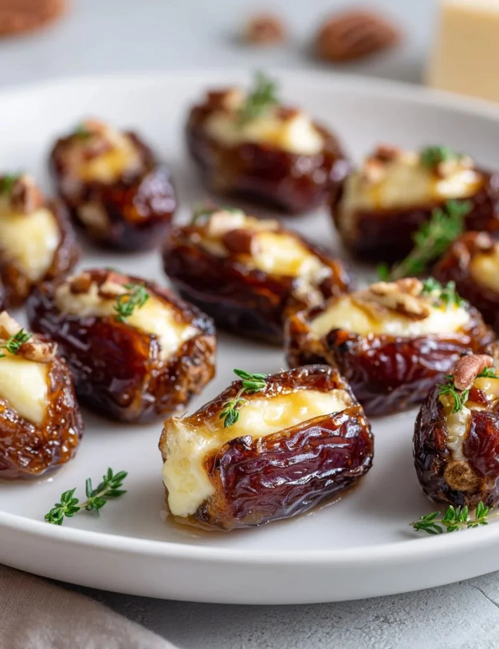 Gooey Brie stuffed dates served on a platter, highlighting a delicious appetizer.