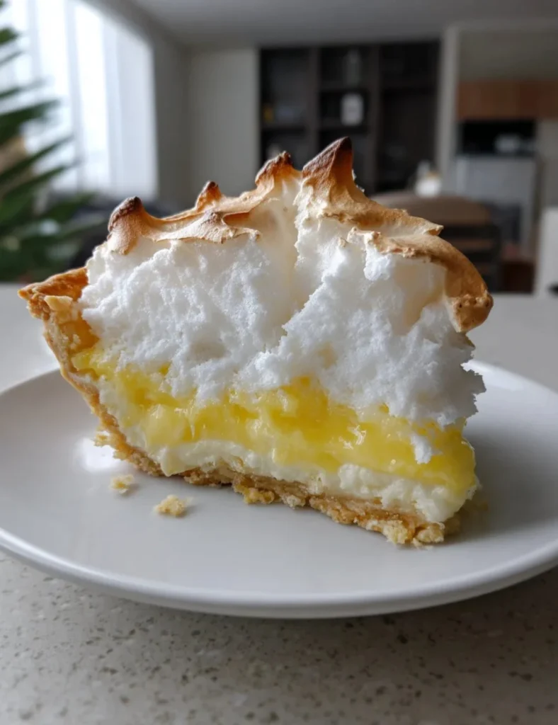 Delicious slice of Grandma's Lemon Meringue Pie with fluffy meringue topping