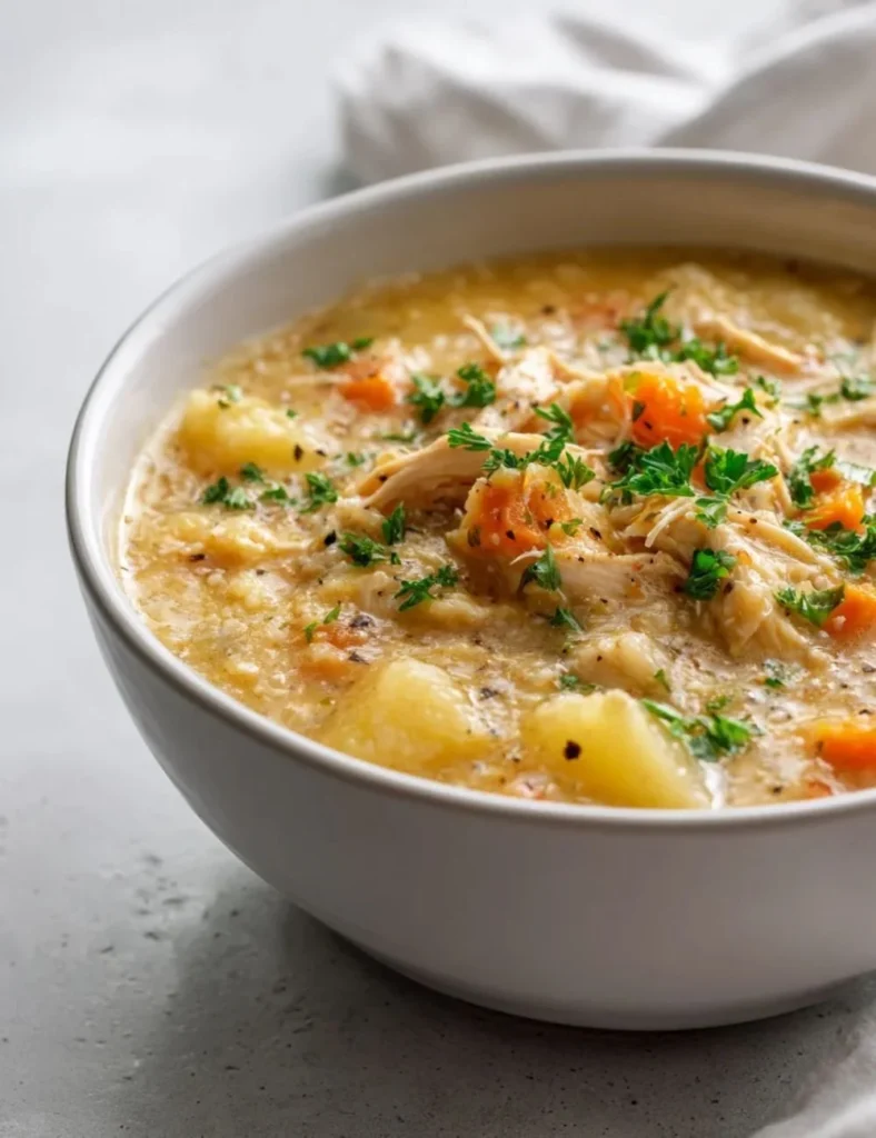 Bowl of Healthy Chicken Pot Pie Soup with vegetables and chicken for a comforting meal.