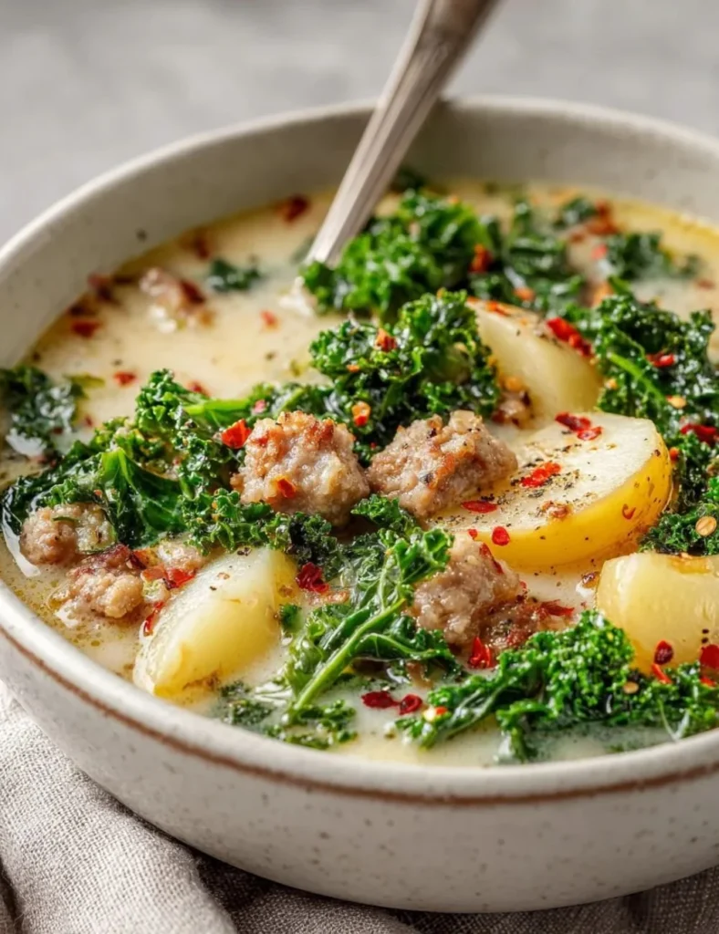 Bowl of hearty Slow Cooker Zuppa Toscana Soup garnished with herbs