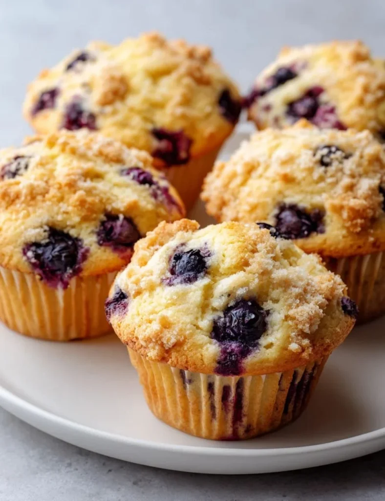 Freshly baked homemade blueberry protein muffins on a wooden table