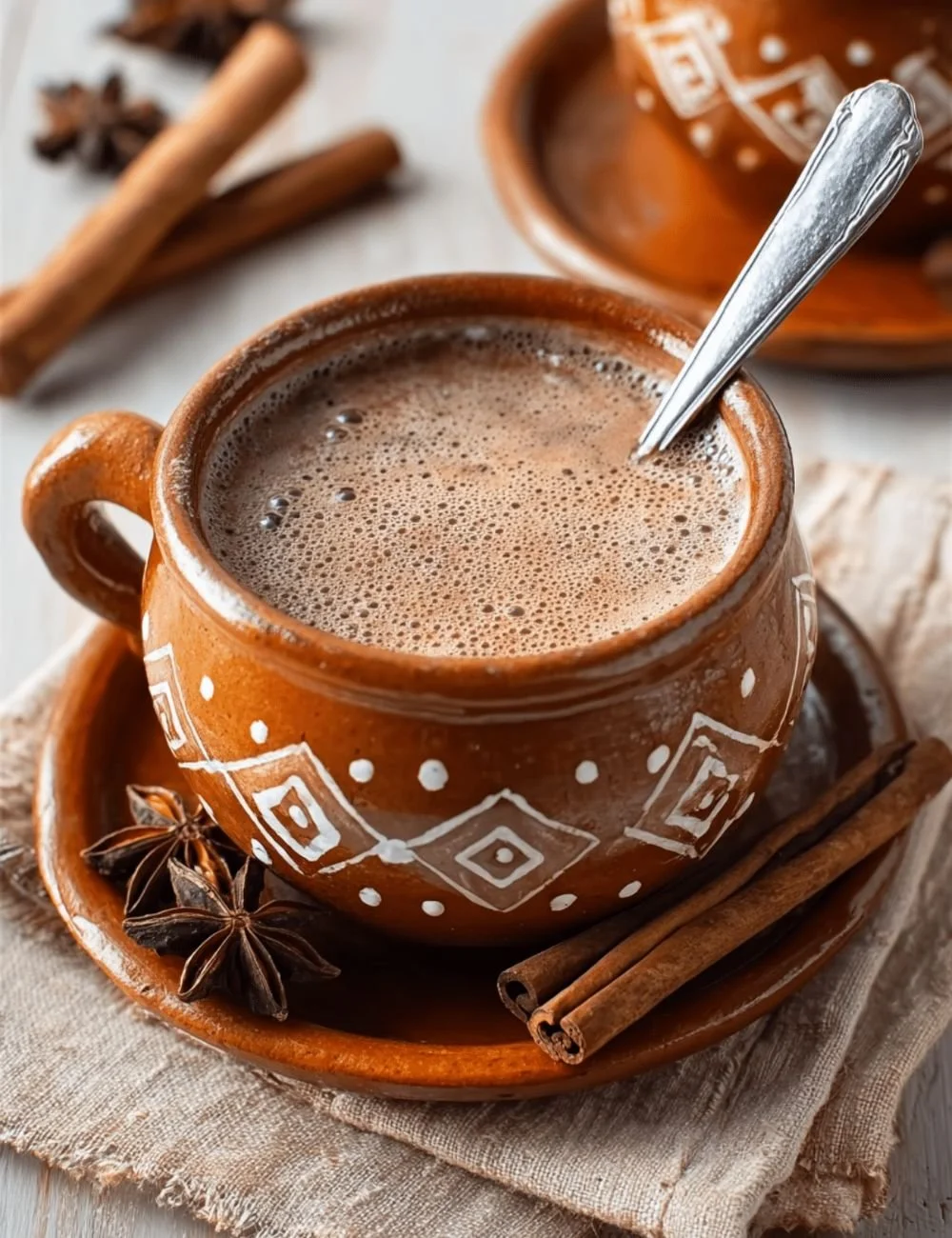 A warm bowl of homemade champurrado topped with cinnamon and chocolate
