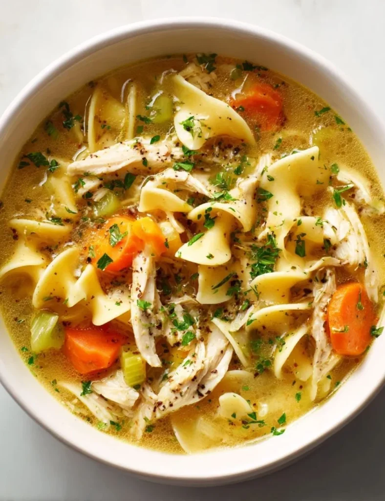 A bowl of homemade chicken noodle soup with fresh herbs and vegetables