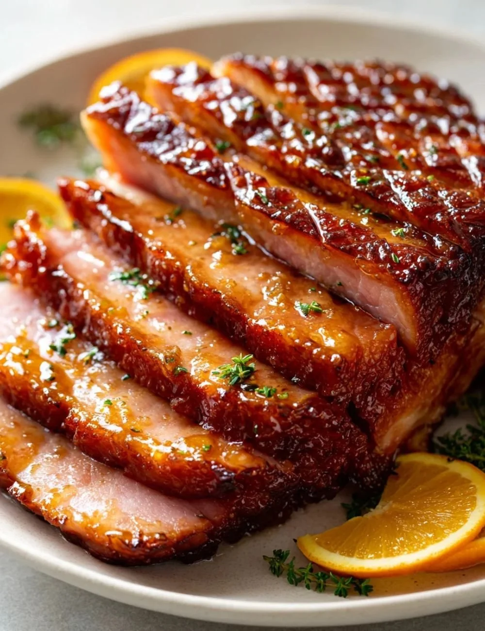 Delicious Honey Baked Beef Ham served on a platter with glaze and garnish.