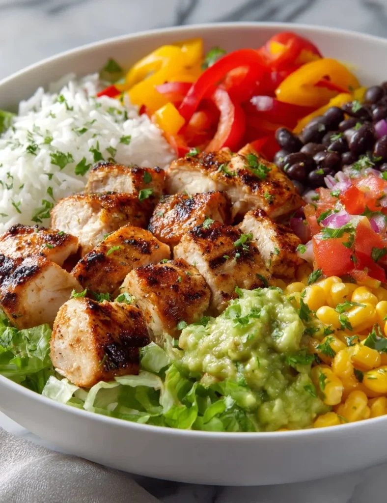 Delicious chicken burrito bowl topped with fresh ingredients.