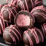 Delicious homemade chocolate raspberry truffles garnished with fresh raspberries