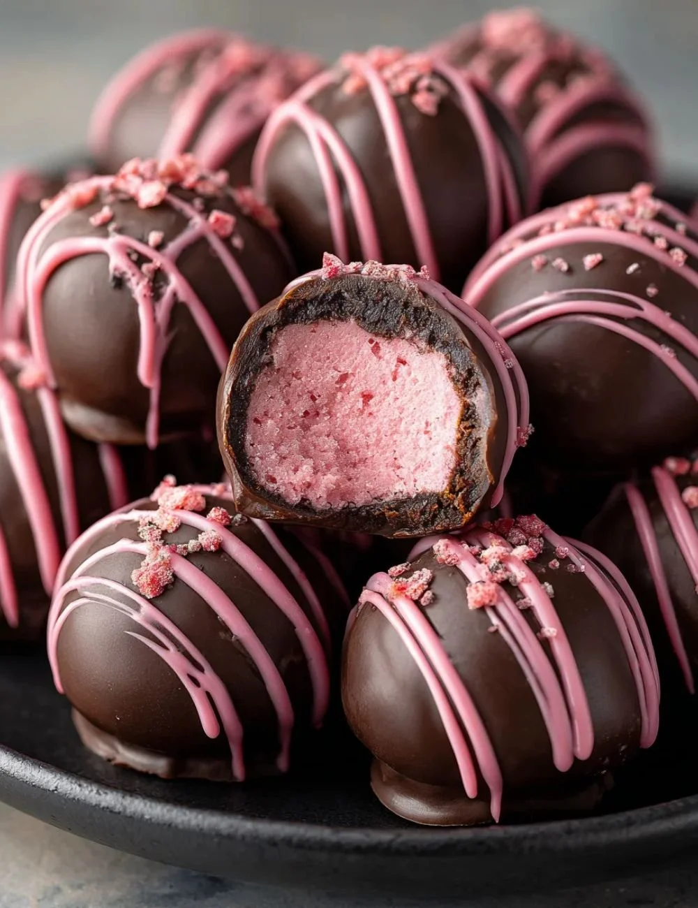 Delicious homemade chocolate raspberry truffles garnished with fresh raspberries