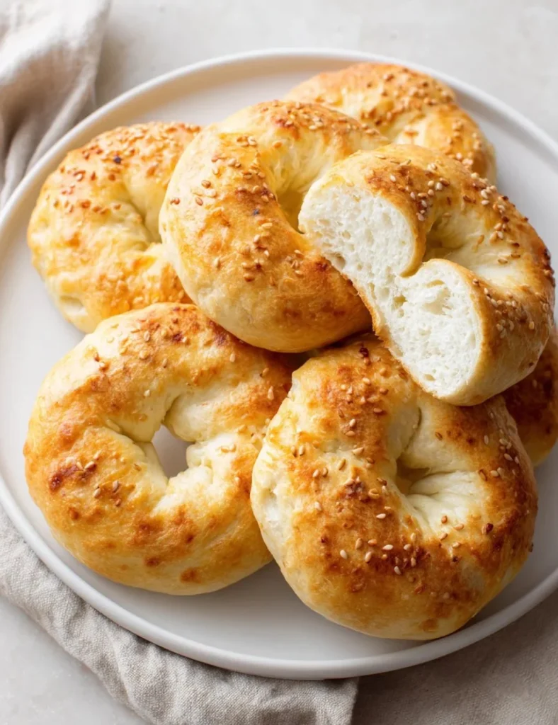 Fluffy Greek yogurt bagels topped with sesame seeds on a wooden board.