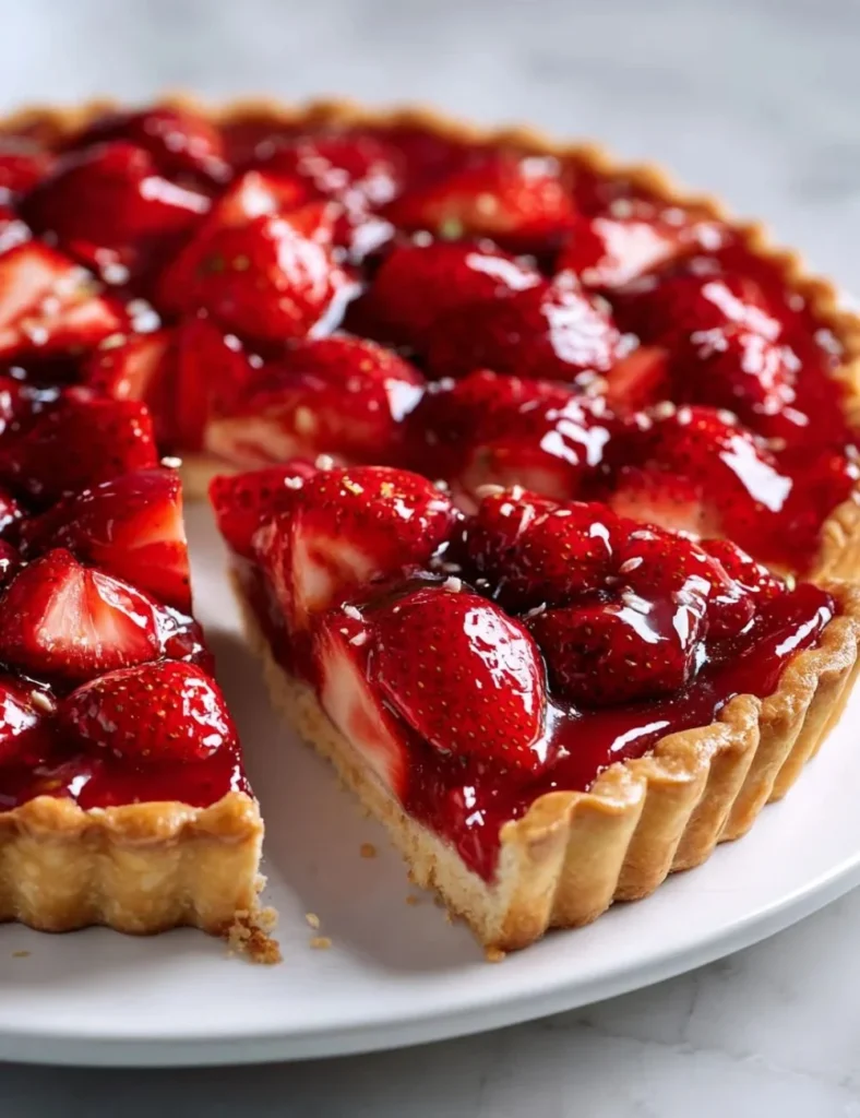 Homemade strawberry pie with fresh strawberries and whipped cream topping