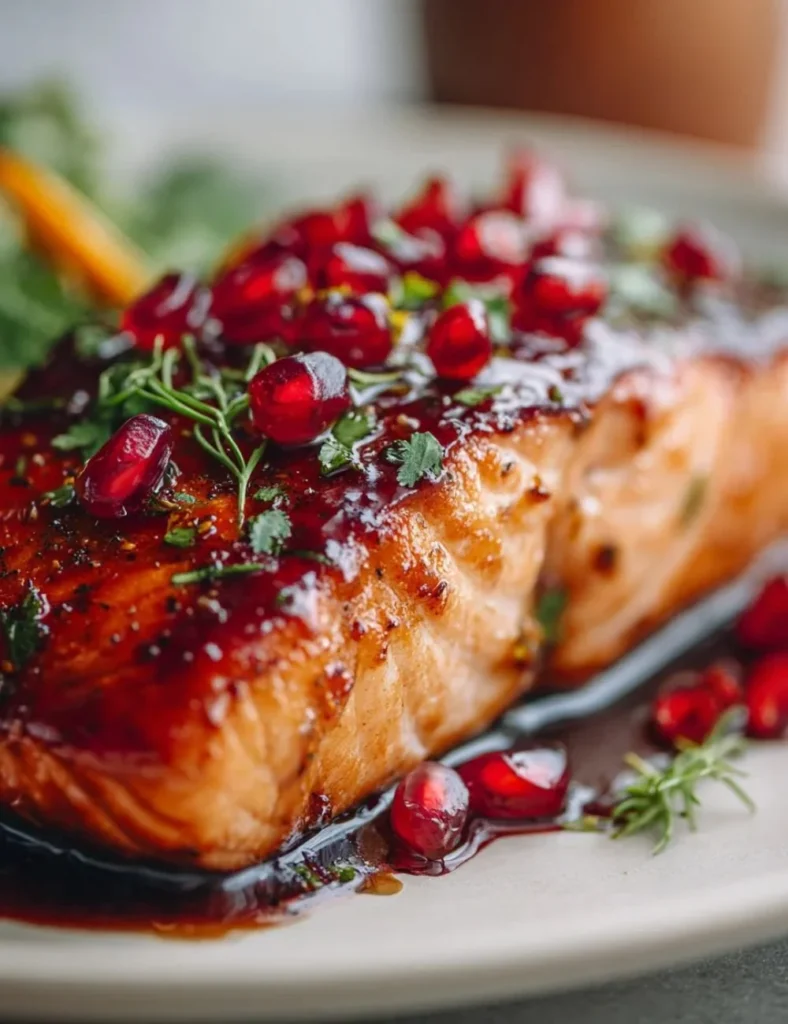 Irresistible pomegranate orange glazed salmon dish on a plate