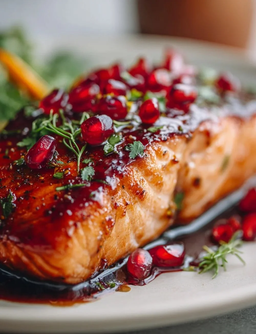 Irresistible pomegranate orange glazed salmon dish on a plate