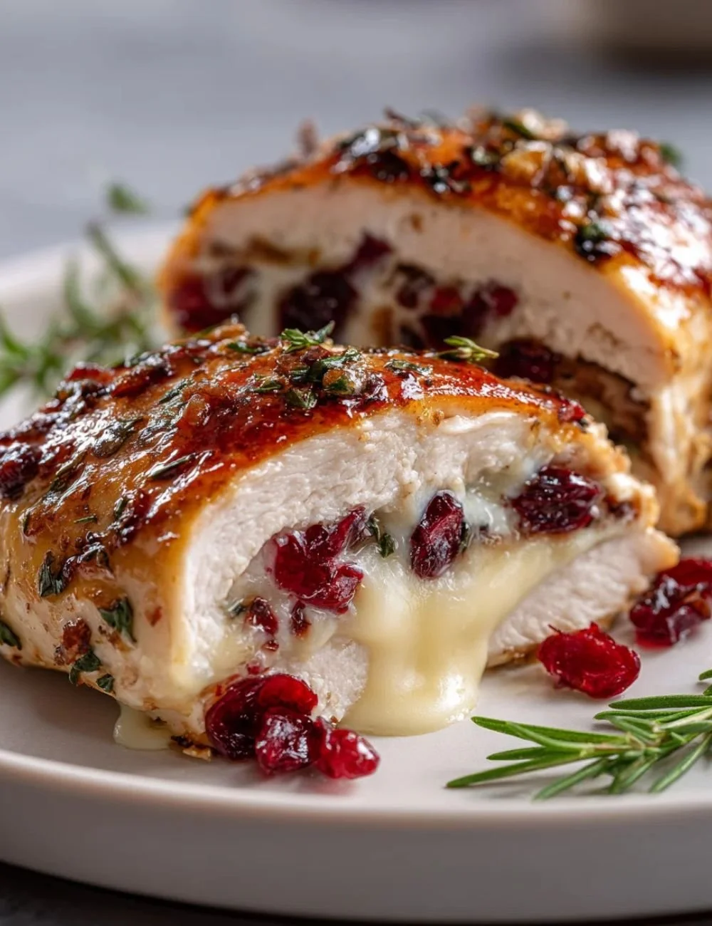 Delicious cranberry brie stuffed chicken recipe garnished with herbs