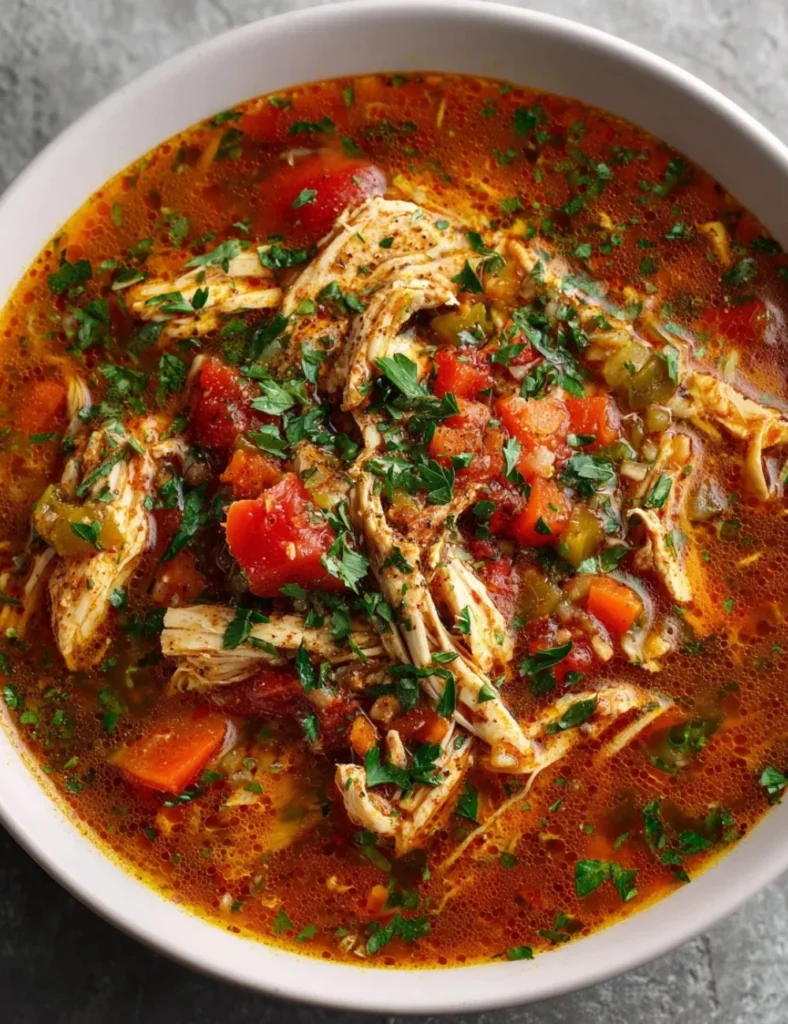 Bowl of Keto Chicken Tortilla Soup garnished with fresh cilantro and lime.