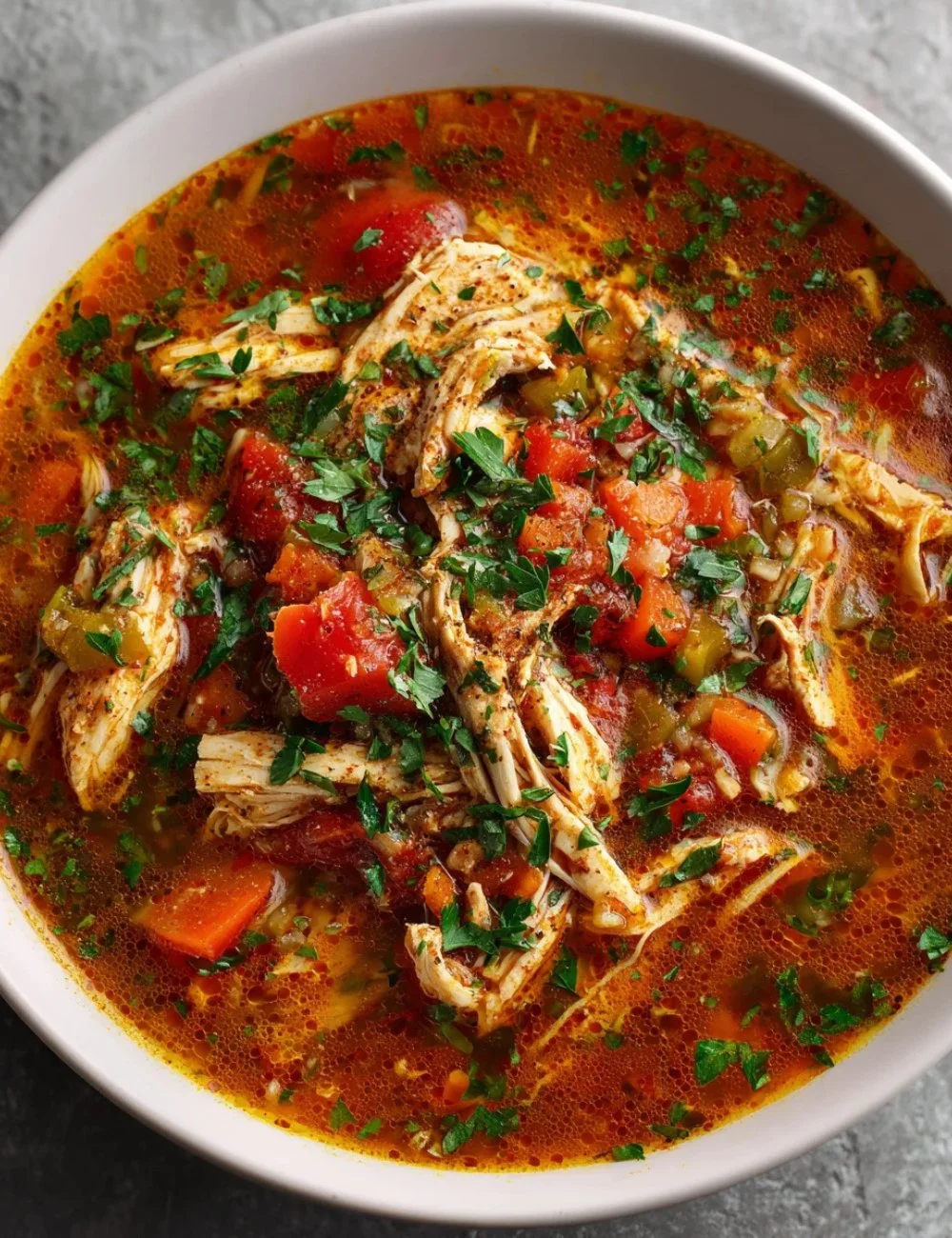 Bowl of Keto Chicken Tortilla Soup garnished with fresh cilantro and lime.
