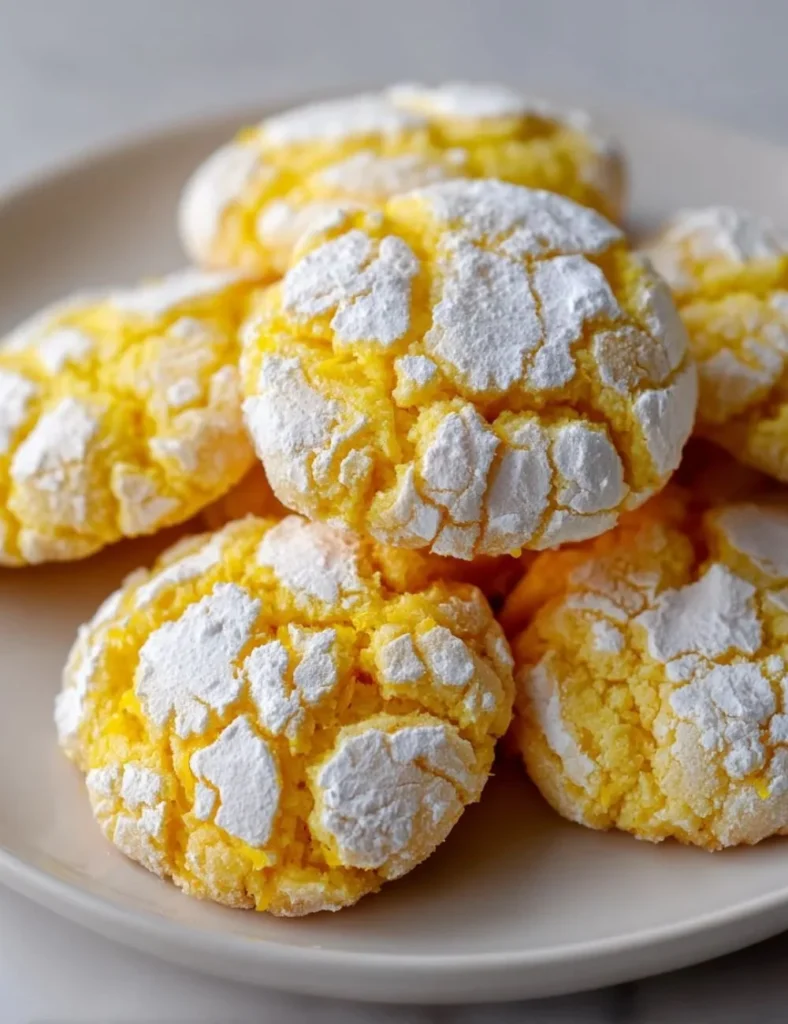 Freshly baked Lemon Crinkle Cookies dusted with powdered sugar