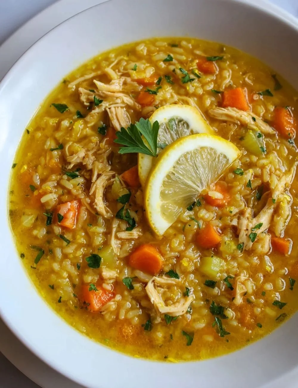 Bowl of Lemon Turmeric Chicken Rice Soup with fresh herbs and spices