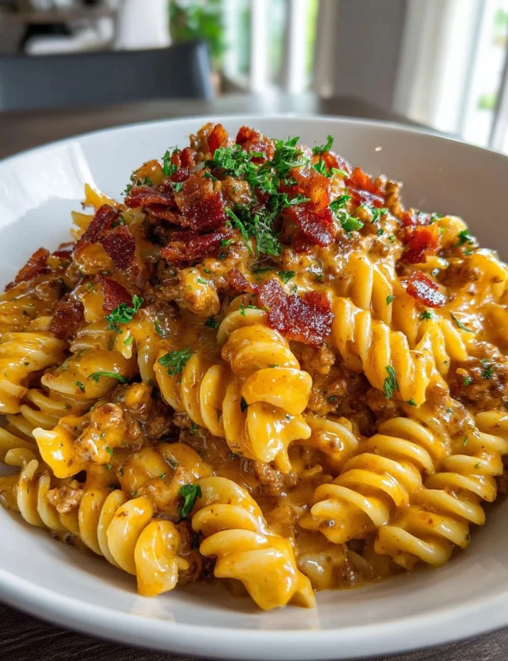 Delicious loaded beef bacon cheeseburger pasta topped with cheese and bacon