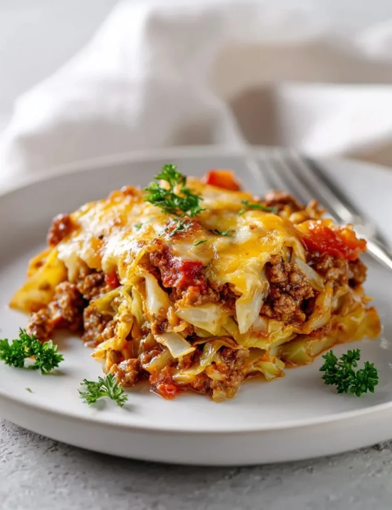 A hearty Low Carb Unstuffed Cabbage Casserole served in a rustic dish.