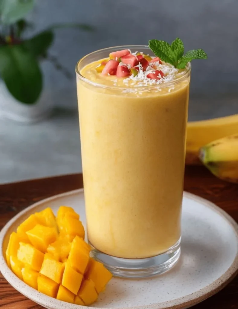 Delicious Mango Dream Smoothie in a glass with tropical fruits