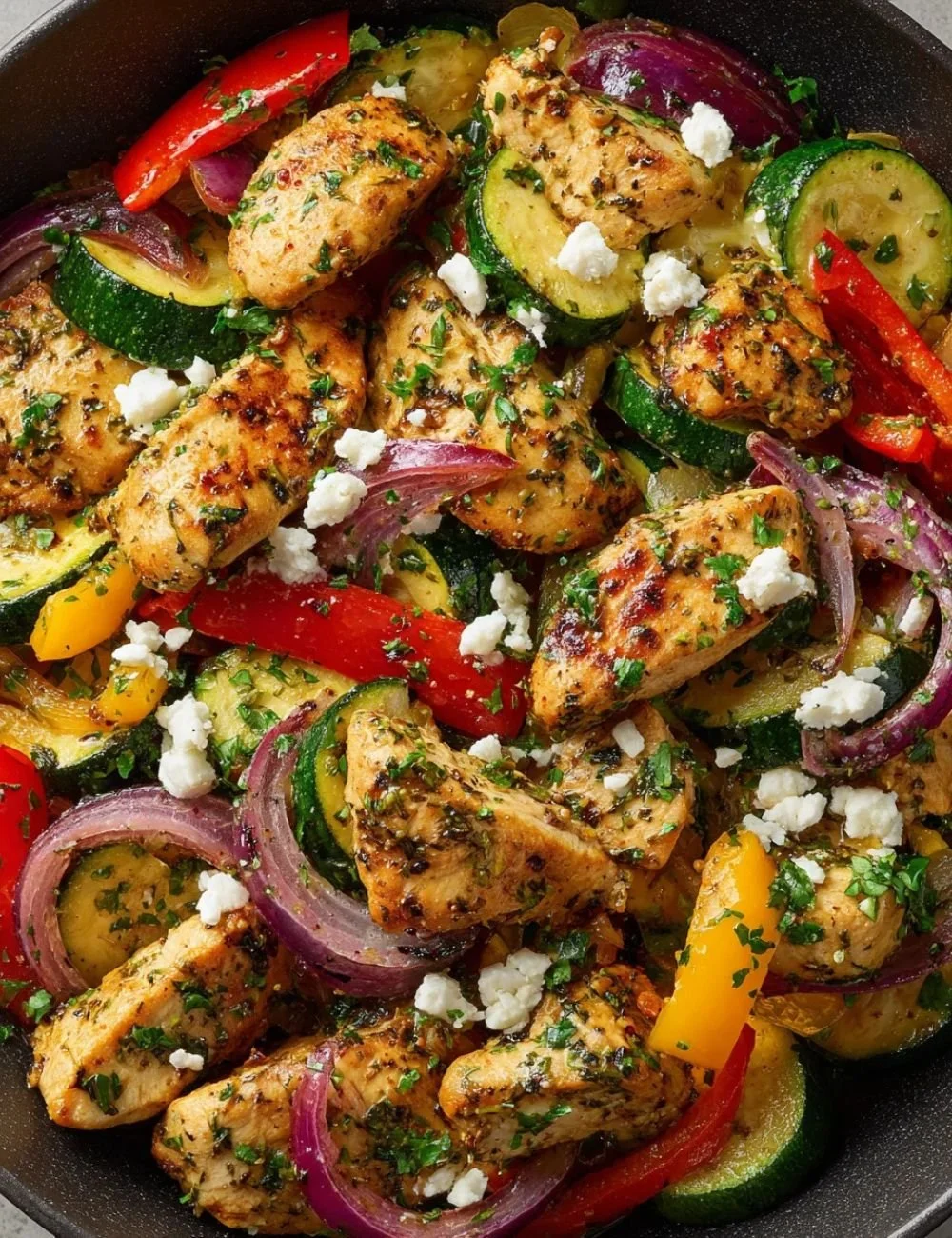 Delicious Mediterranean chicken stir fry with colorful vegetables and herbs