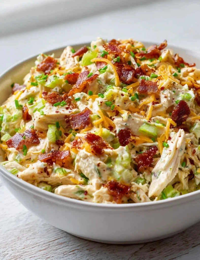 A bowl of Million Dollar Chicken Salad with fresh ingredients and a creamy dressing.