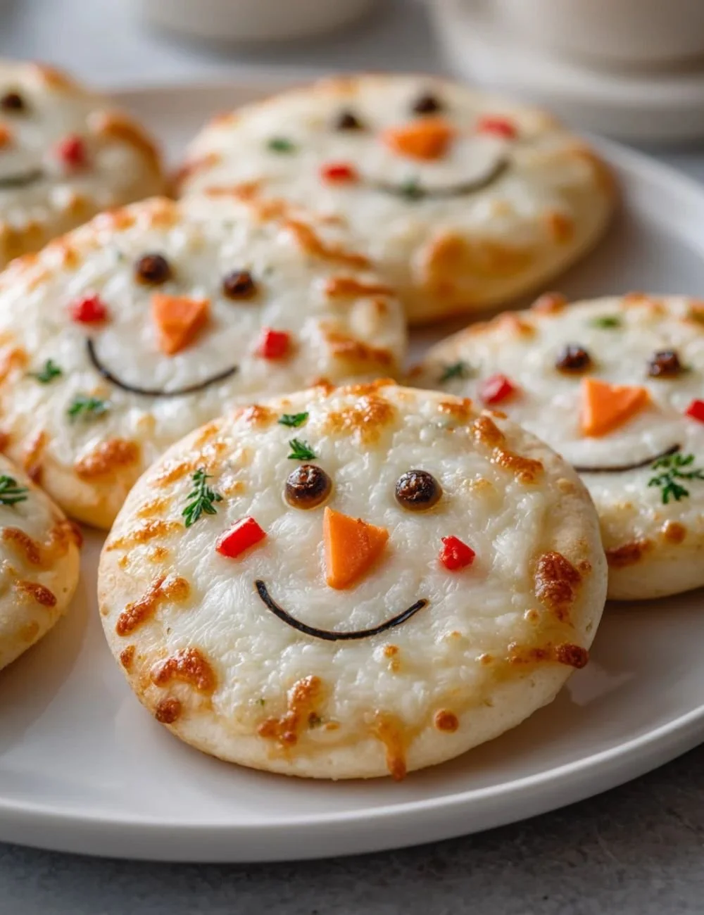 Plate of mini snowman pizzas decorated with veggies and cheese for a festive treat.