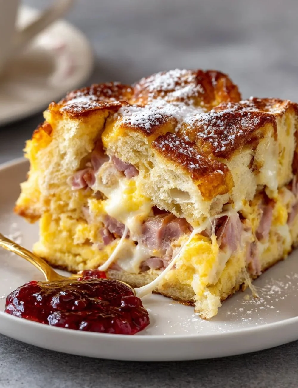 Delicious Monte Cristo breakfast casserole topped with herbs and cheese.