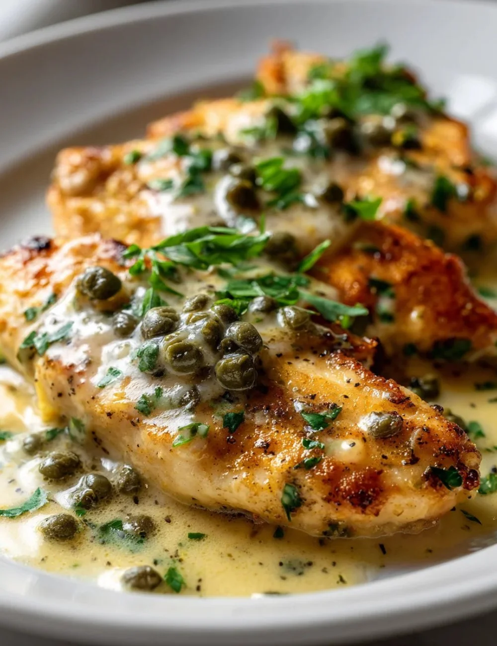 Delicious Chicken Piccata with lemon and capers served on a white plate