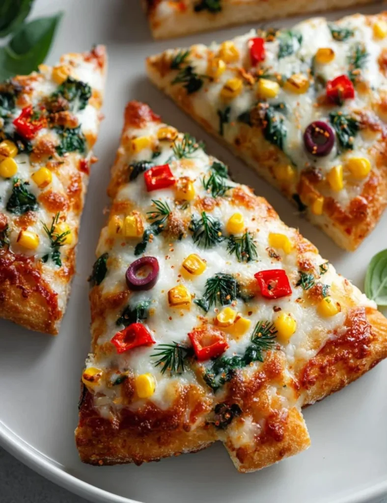 A delicious Christmas Tree Pizza shaped like a Christmas tree, topped with festive ingredients.