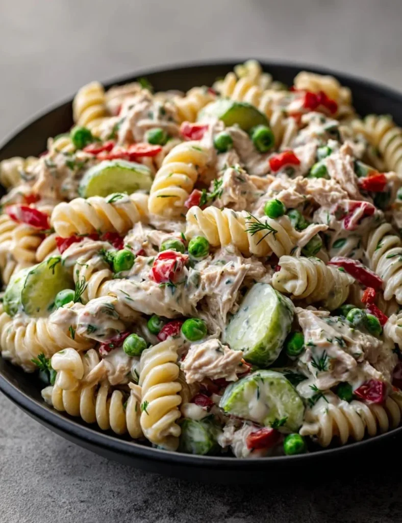 Delicious creamy healthy tuna pasta salad served in a bowl