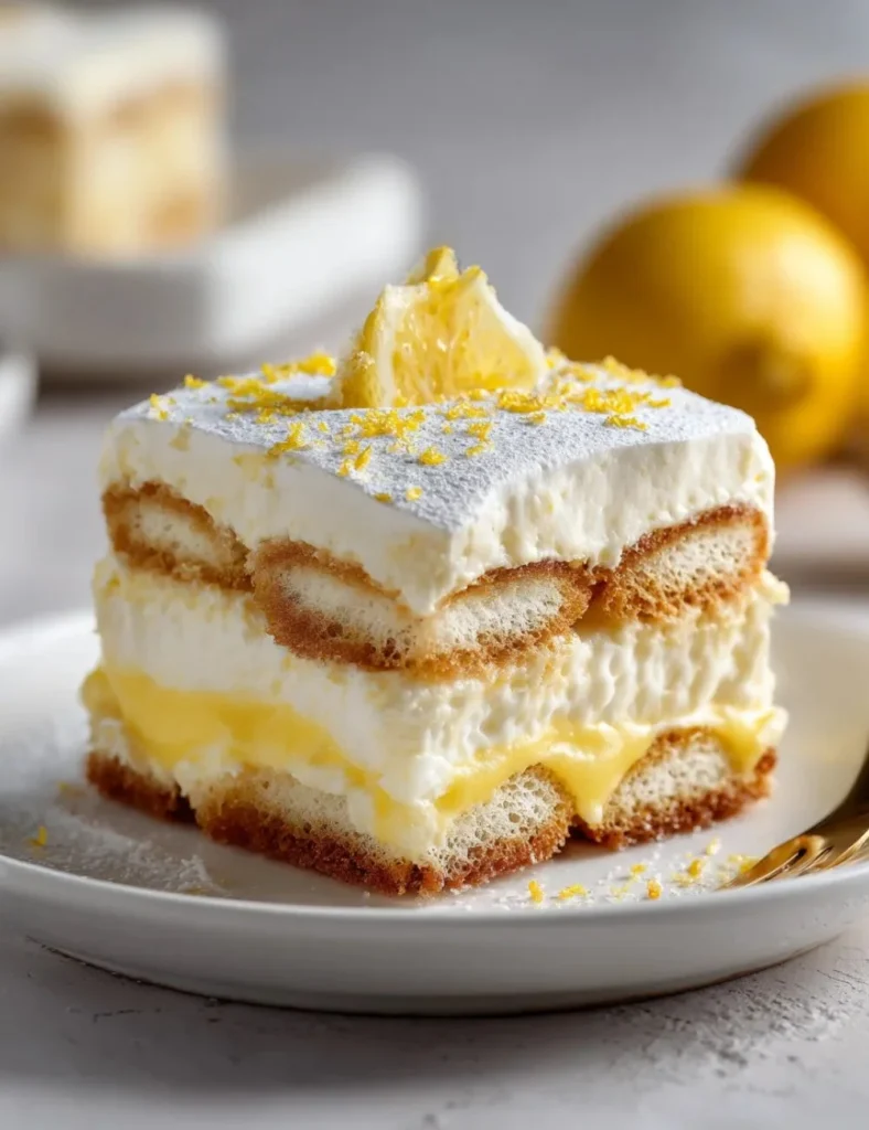 Delicious lemon tiramisu dessert garnished with fresh lemon slices.