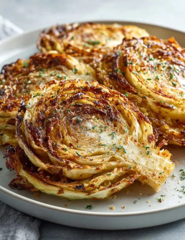 Delicious roasted cabbage steaks served on a plate with seasoning.
